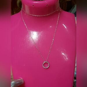 Genuine Solid Sterling Silver Circle CZ Pendant & 17" Chain Rhodium